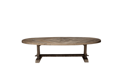 Packshot sur fond blanc de la Table Ovale Diamant en chene ancien massif, modele artisanal Follos Design.